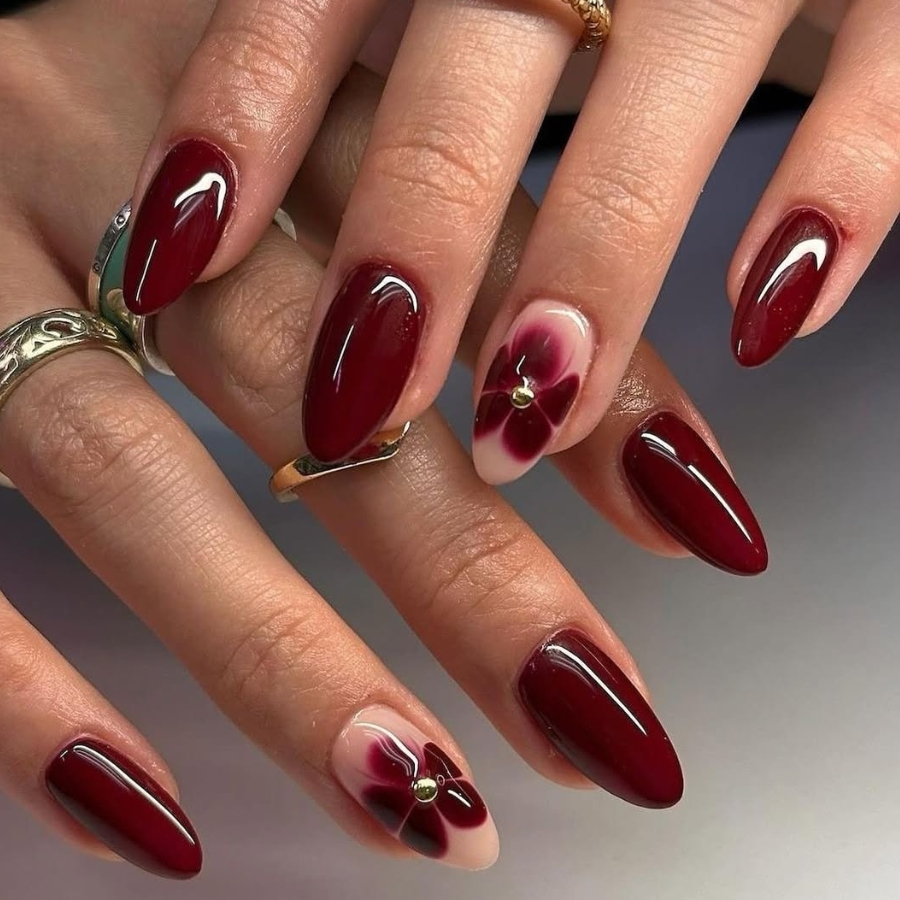 Burgundy with Nude Floral Accent Nails Burgundy with Nude Floral Accent Nails — Burgundy Nails