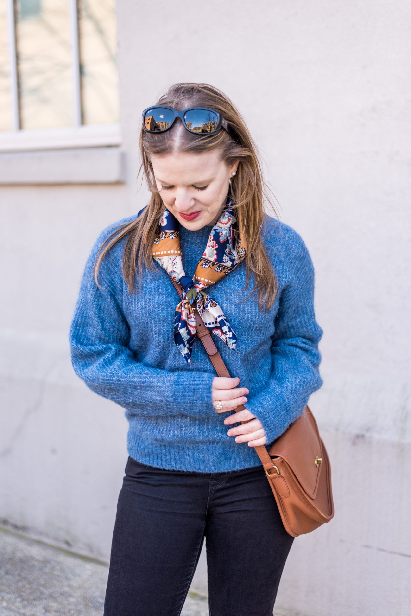 Fuzzy Sweater with Scarf and Black Pants — Winter to Spring Transition Outfits