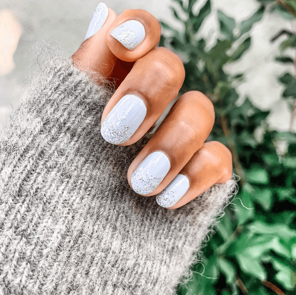 Pale Blue Glitter Gradient Tips Pale Blue Glitter Gradient Tips — Short Winter Gel Nails