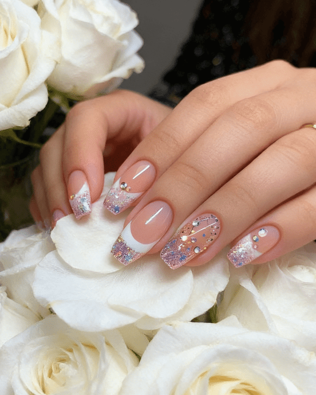 Glitter Pink Silver French Tips Glitter Pink Silver French Tips — french nail designs