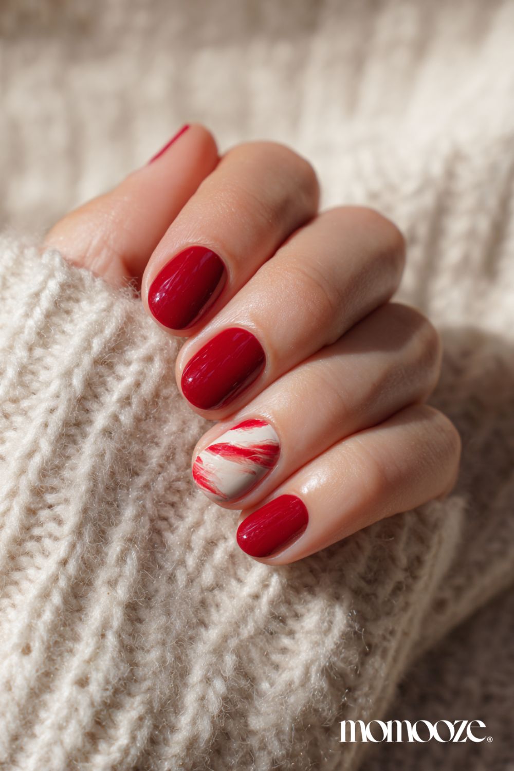 Deep Red Swirl Accent Deep Red Swirl Accent — Short Winter Acrylic Nails
