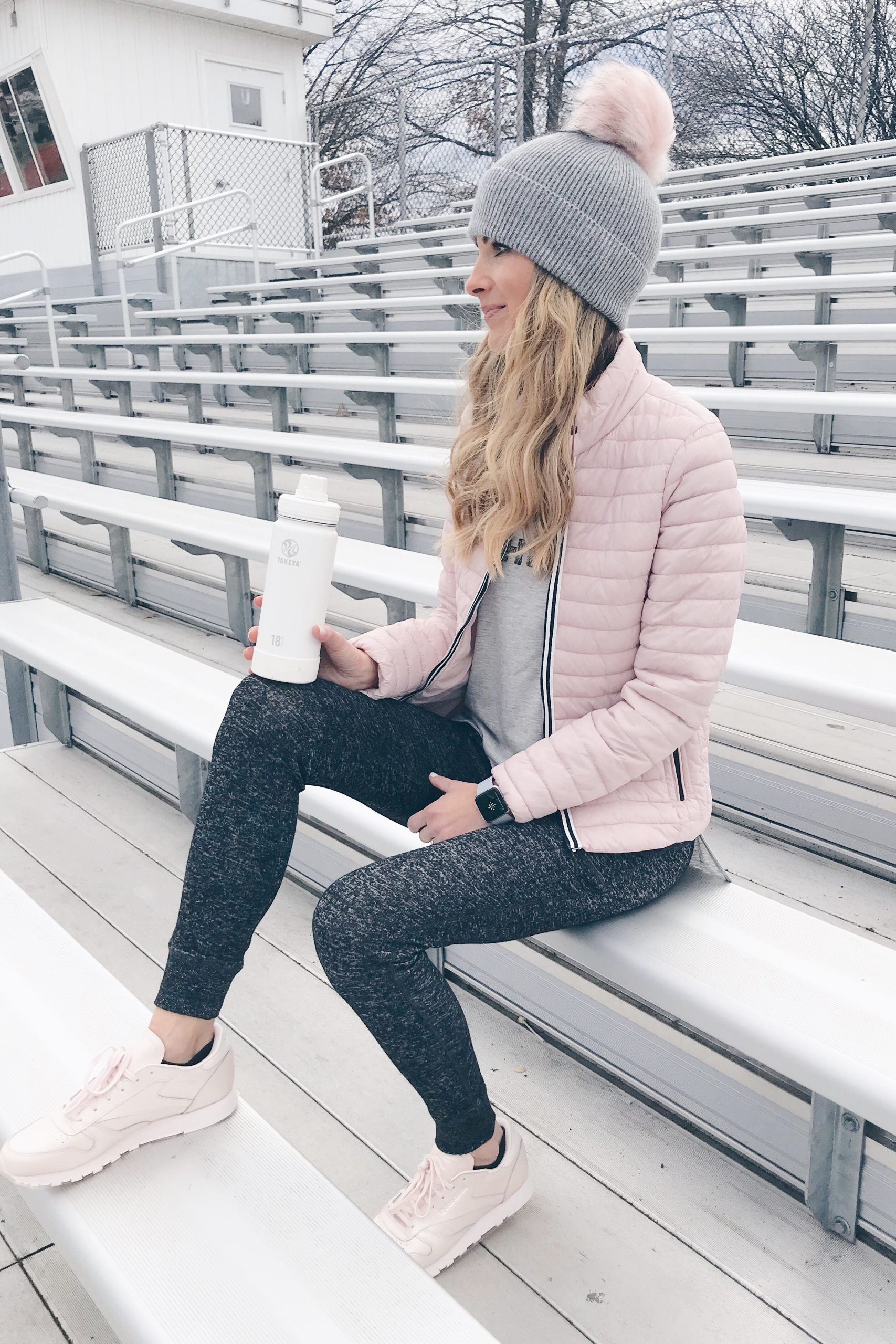 Pink Puffer Jacket and Joggers for Warmth and Style — Winter Workout Outfits