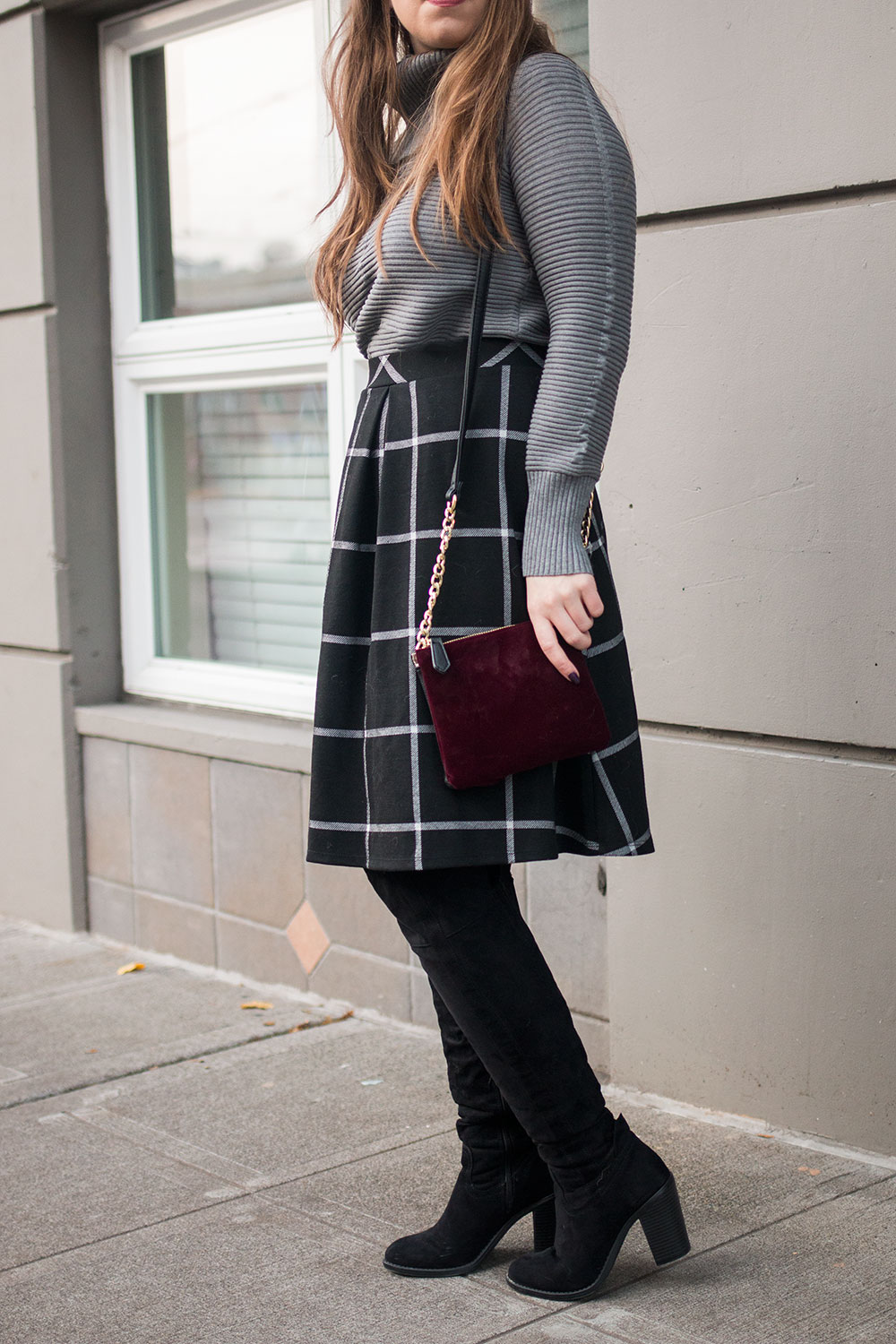 Grey Turtleneck with Plaid Midi Skirt and Over-the-Knee Boots Grey Turtleneck with Plaid Midi Skirt and Over-the-Knee Boots — Dressy Winter Outfits