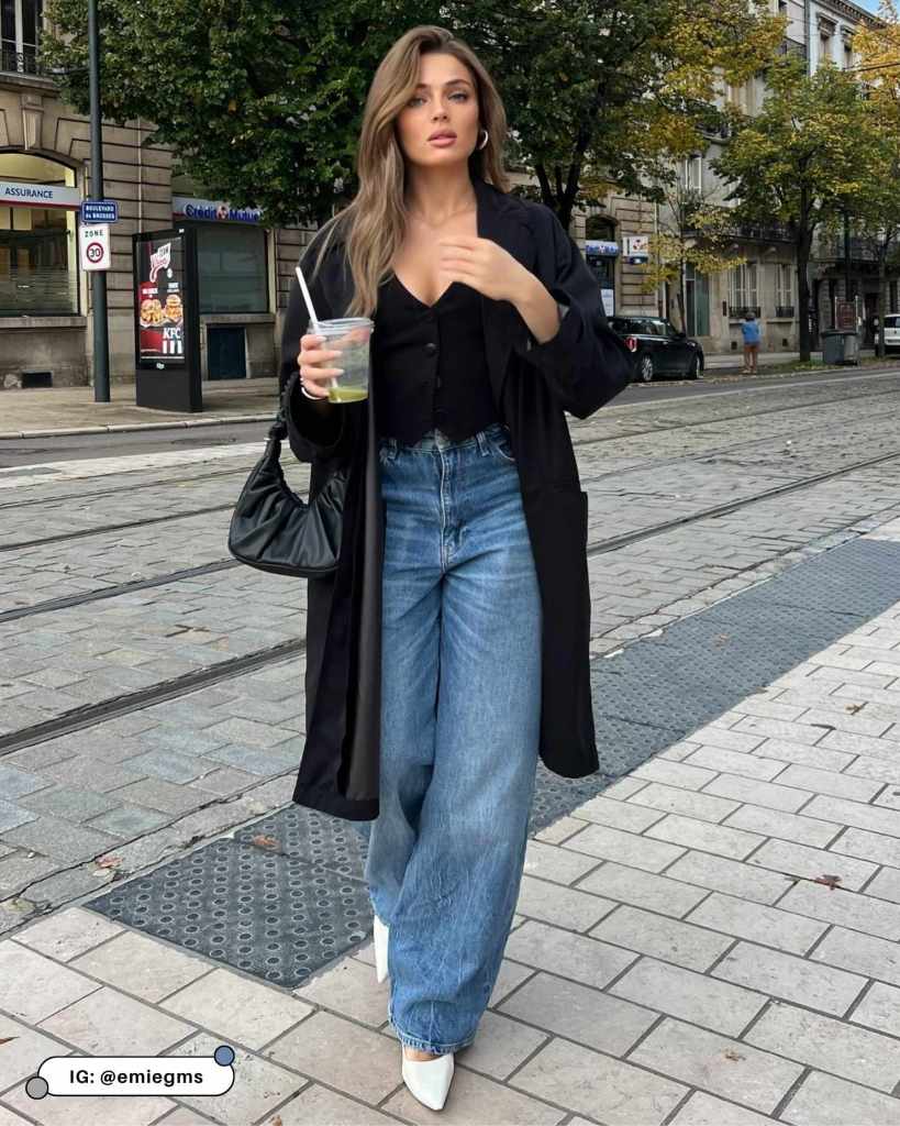 Modern Silhouette: Black Coat with Wide-Leg Jeans — Black Coat Outfits