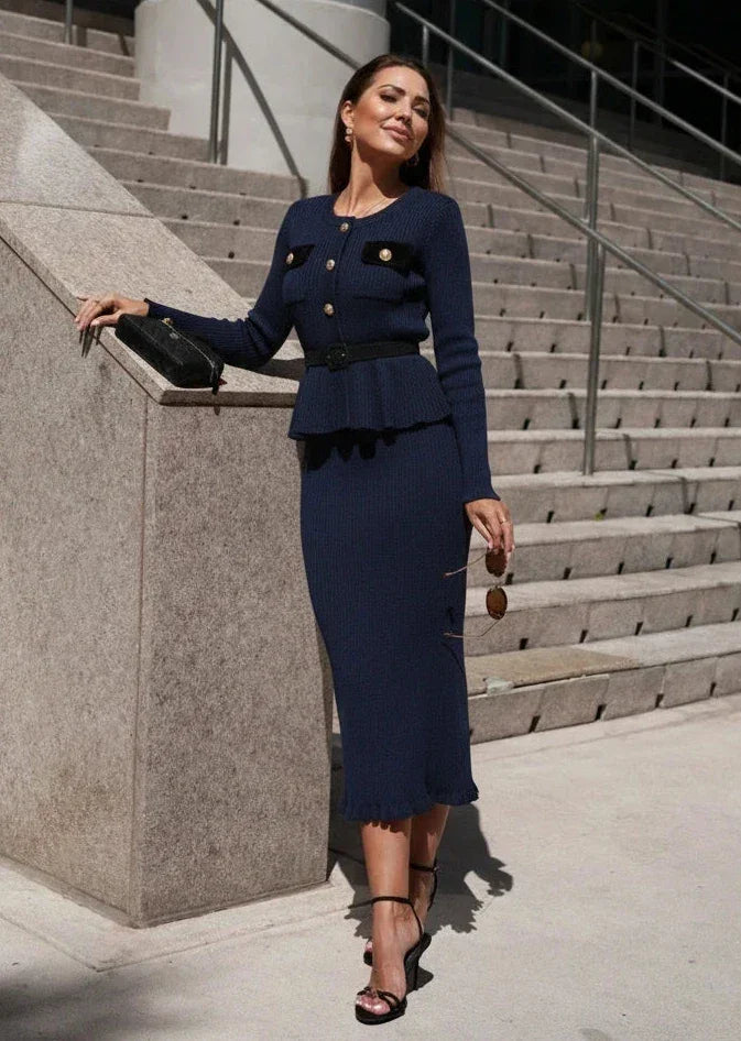 Navy Ribbed Knit Peplum Cardigan & Midi Skirt Set