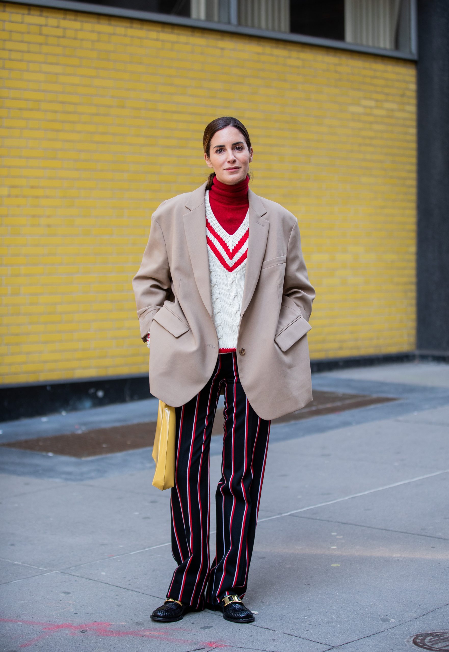 Beige Blazer Over Red Turtleneck and Striped Trousers Beige Blazer Over Red Turtleneck and Striped Trousers — Cute Winter Outfits
