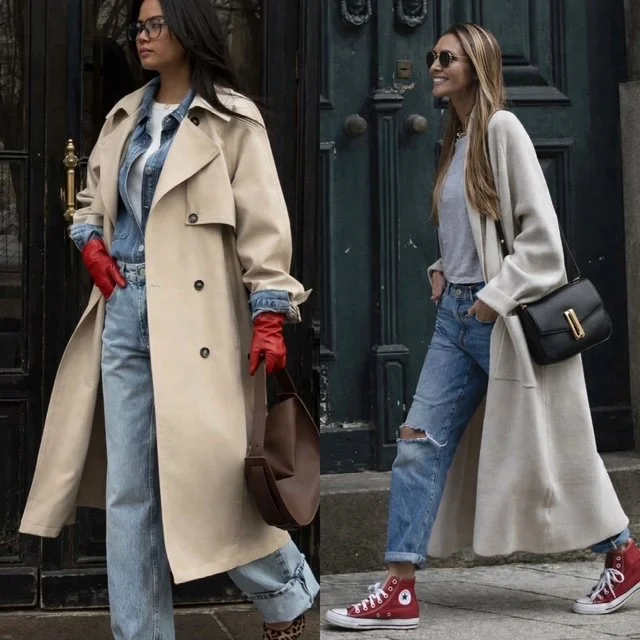 Casual Denim Layering: Beige Trench with Blue Shirt and Jeans Casual Denim Layering: Beige Trench with Blue Shirt and Jeans — Long Coat Outfits