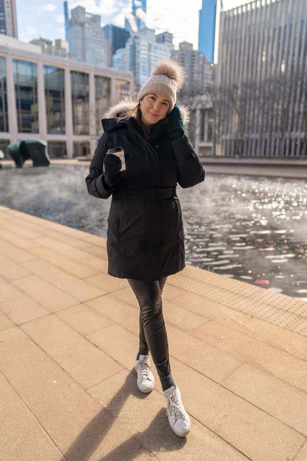 Belted Parka with Faux Leather Leggings for City Exploration — NYC Winter Outfits
