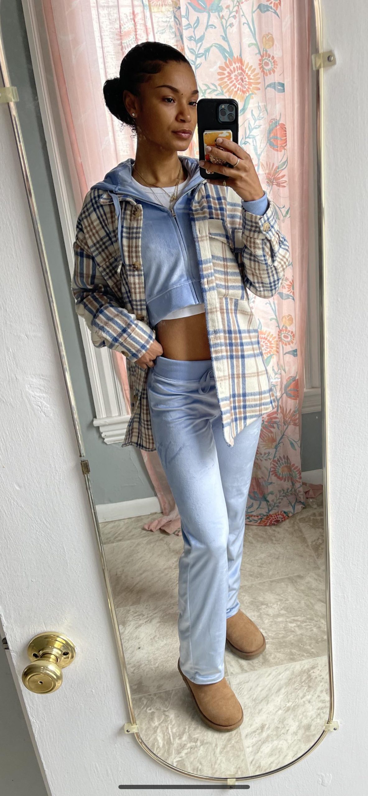 Light Blue Velour Tracksuit with Plaid Shirt Jacket Light Blue Velour Tracksuit with Plaid Shirt Jacket — Comfy Winter Outfits