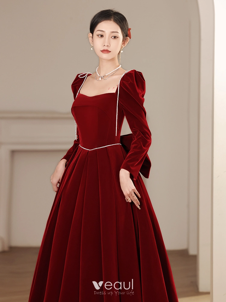 Burgundy Velvet Dress with Puff Sleeves and Satin Trim Burgundy Velvet Dress with Puff Sleeves and Satin Trim — Winter Formal Dresses