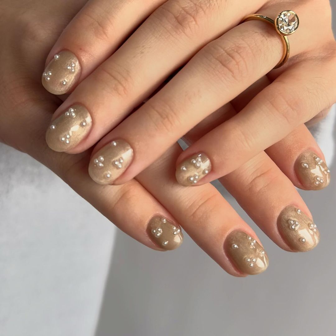 Champagne Beige Pearl Embellishment Nails Champagne Beige Pearl Embellishment Nails — Winter Nail Colors for Women Over 50