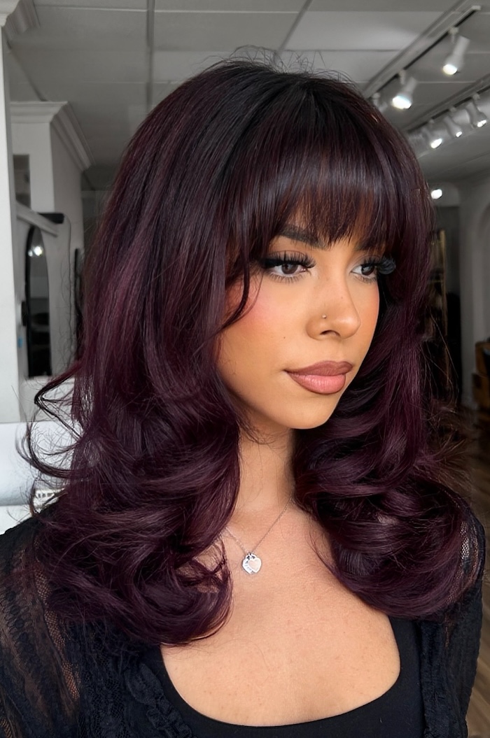 Collarbone Layered Plum Brunette With Full Bangs — Plum Hair Color