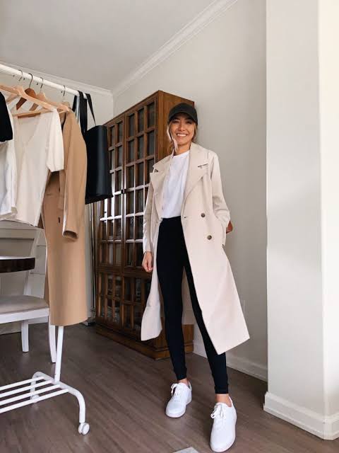 Beige Trench Coat Over Black Leggings and White Tee — Winter Athleisure Outfits