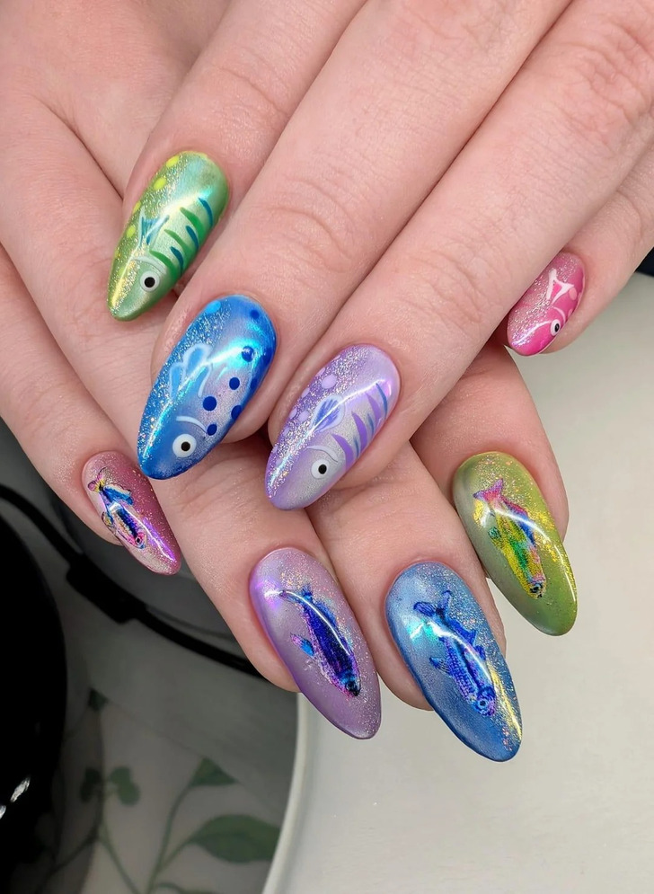Iridescent Fish Scale Almond Nails Iridescent Fish Scale Almond Nails — nail art ideas