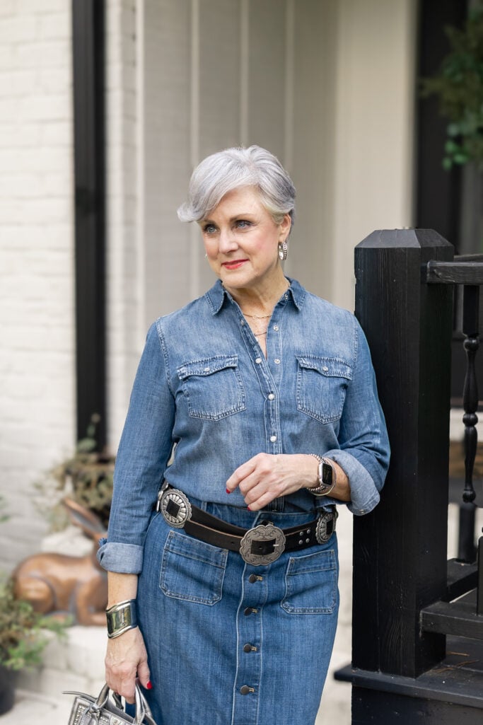 Denim Shirt Dress Cinched with a Statement Belt and Leather Jacket Denim Shirt Dress Cinched with a Statement Belt and Leather Jacket — Casual Winter Outfits for Women Over 50