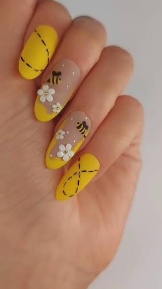 Matte Yellow with Bees and Dashed Lines Matte Yellow with Bees and Dashed Lines — yellow nail designs