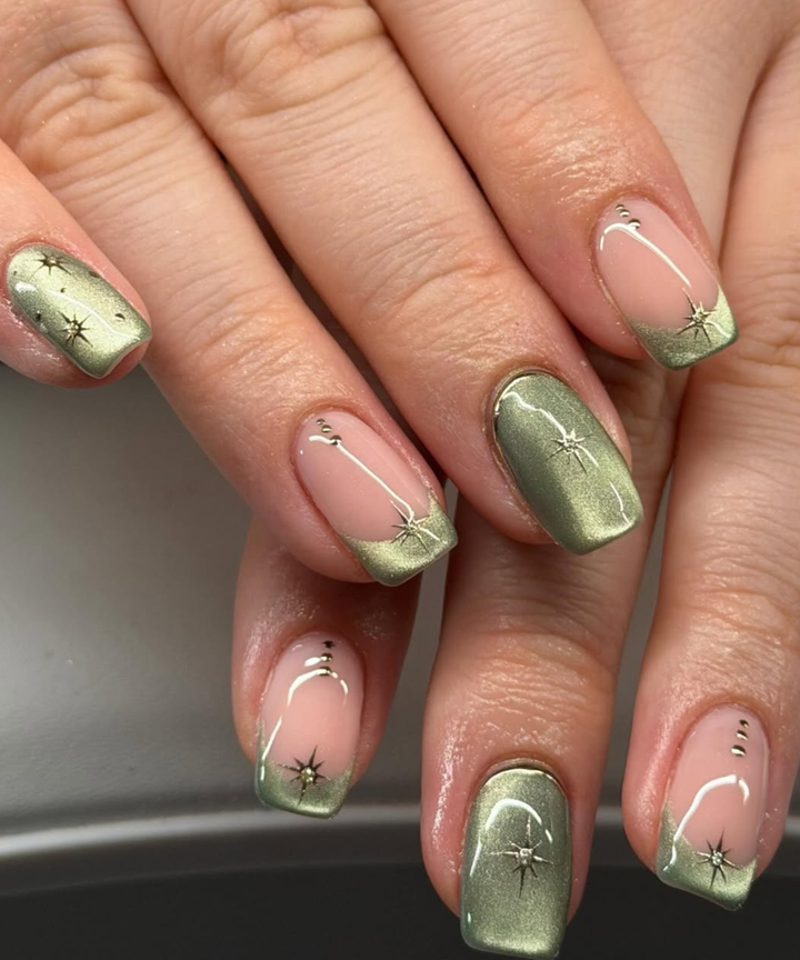 Olive Green French Tips with Gold Starbursts Olive Green French Tips with Gold Starbursts — green nail designs