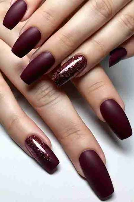 Matte Burgundy Glitter Accent Nails Matte Burgundy Glitter Accent Nails — Classy Winter Nails