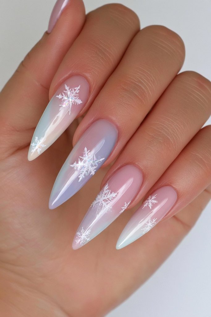 Pastel Gradient Stilettos with Iridescent Snowflakes Pastel Gradient Stilettos with Iridescent Snowflakes — Pastel Winter Nails