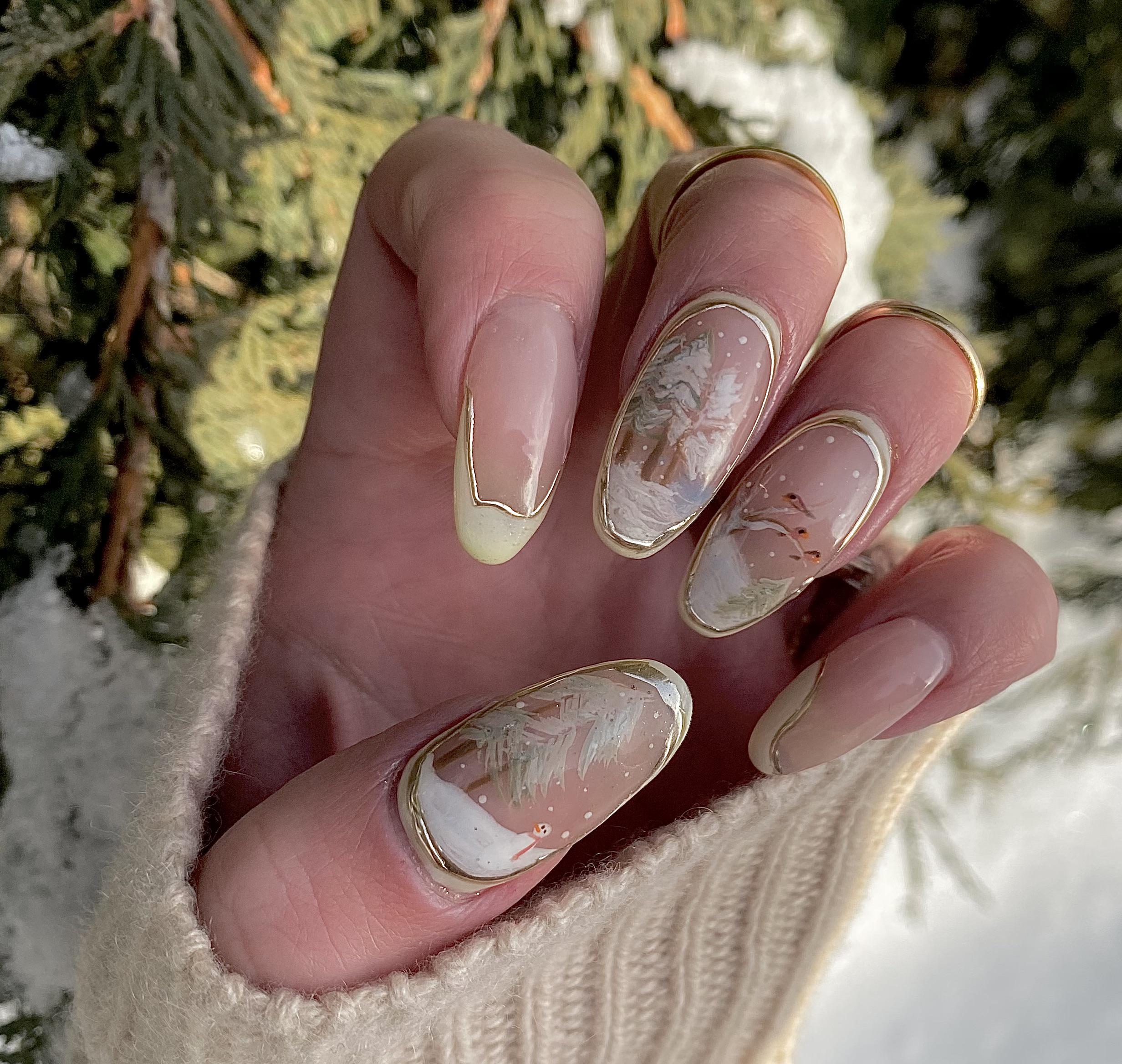 Pale Pink Winter Scene Almond Nails — Winter Marble Nails
