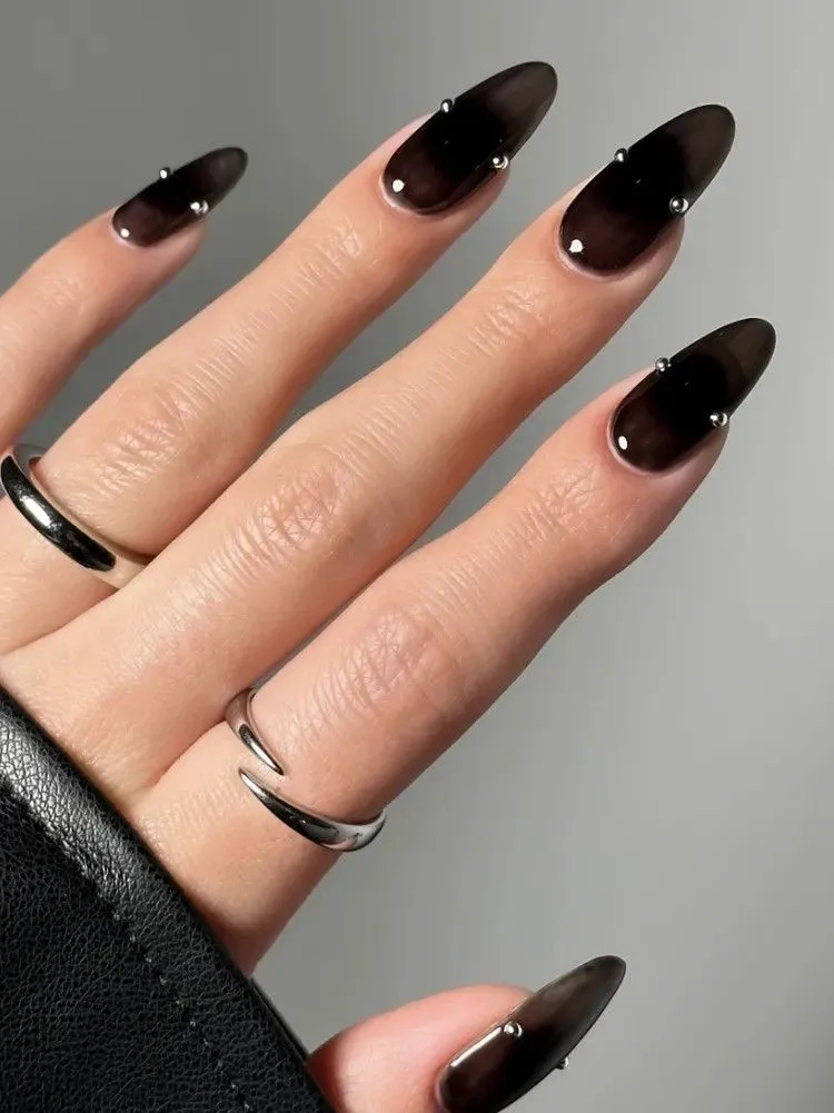 Matte Black Celestial Stiletto Nails Matte Black Celestial Stiletto Nails — Winter Black Nails
