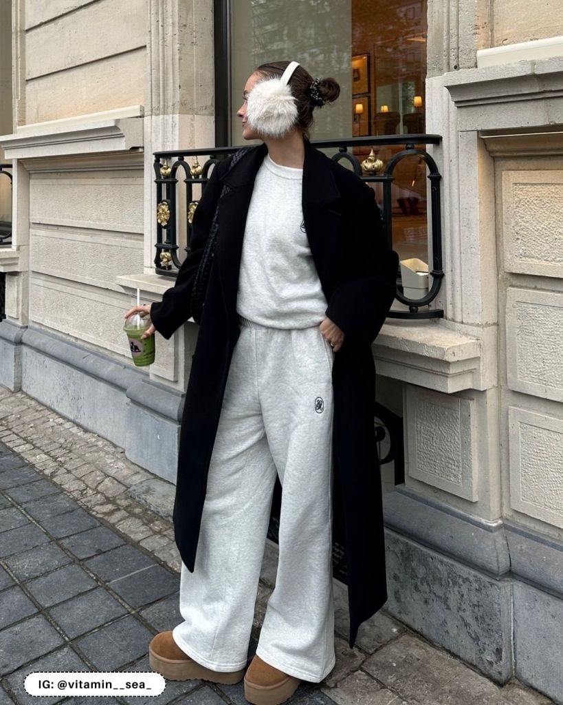 Streetwear Style: White Earmuffs with Sweat Suit and Clogs Streetwear Style: White Earmuffs with Sweat Suit and Clogs — Earmuffs Outfits