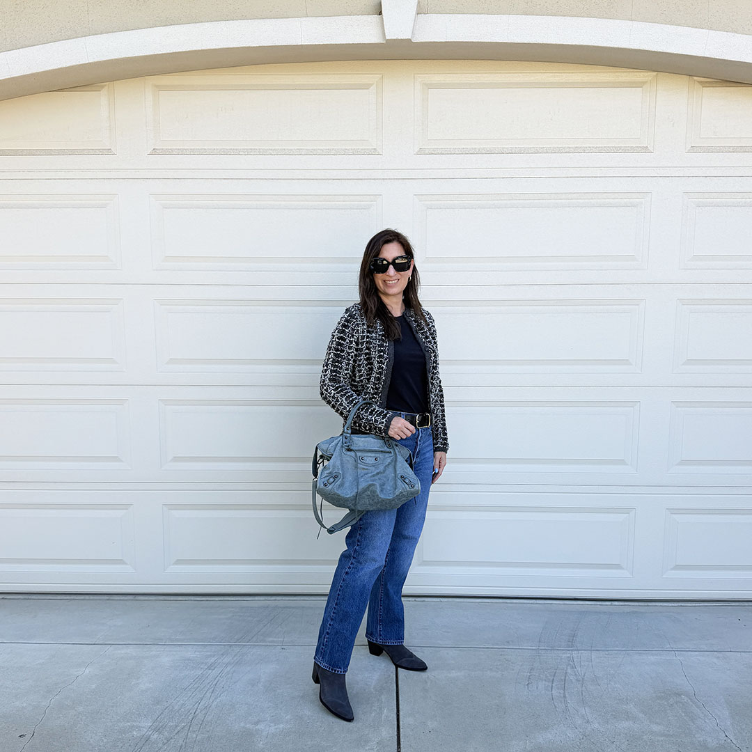 Black and White Tweed Cardigan with Straight-Leg Jeans and Ankle Boots — Cardigan Outfits