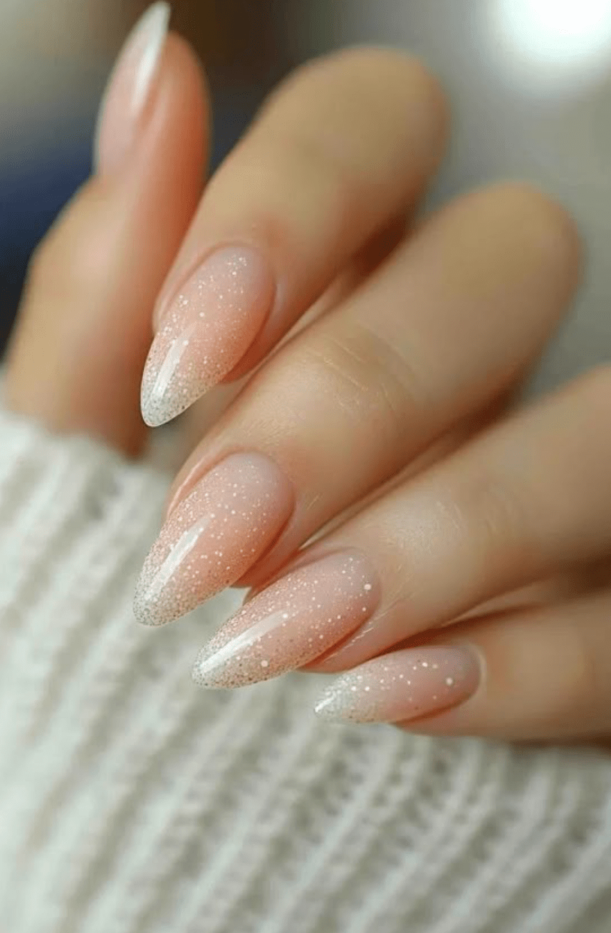 Sheer Pink Glitter Ombre Almond Nails Sheer Pink Glitter Ombre Almond Nails — Winter Almond Nails