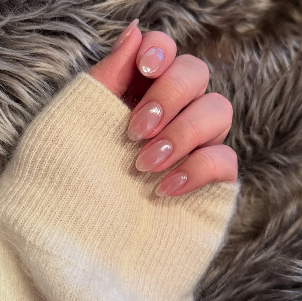 Subtle Shimmer on Sheer Milky Pink Oval Nails Subtle Shimmer on Sheer Milky Pink Oval Nails — Minimalist Winter Nails