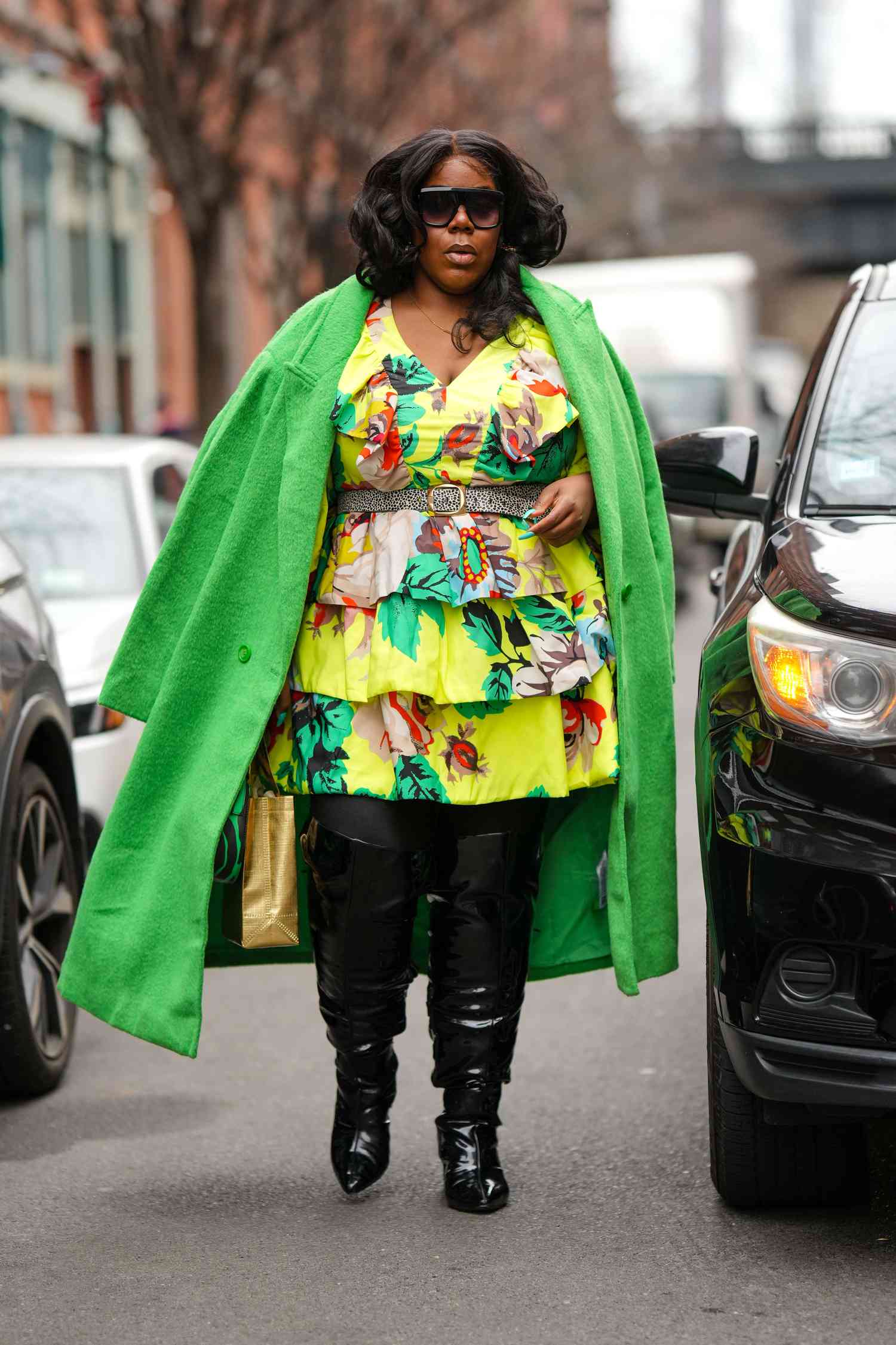Black Patent Over-the-Knee Boots with Floral Dress — Over the Knee Boots Outfits