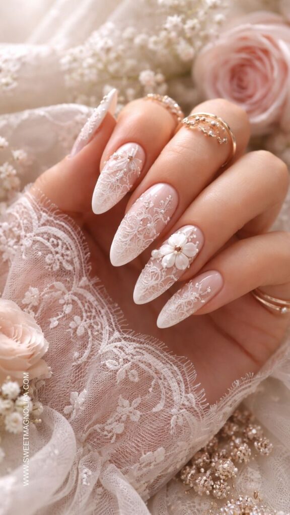 Bridal Almond Lace French with Gems Bridal Almond Lace French with Gems — Lace Nails