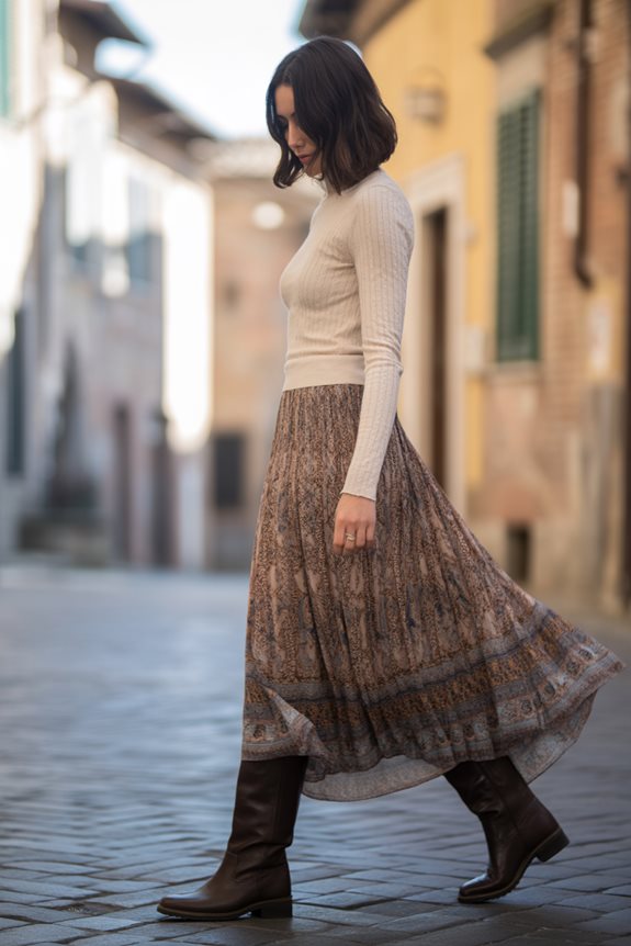 Cream Turtleneck with Printed Maxi Skirt — Italy Winter Outfits