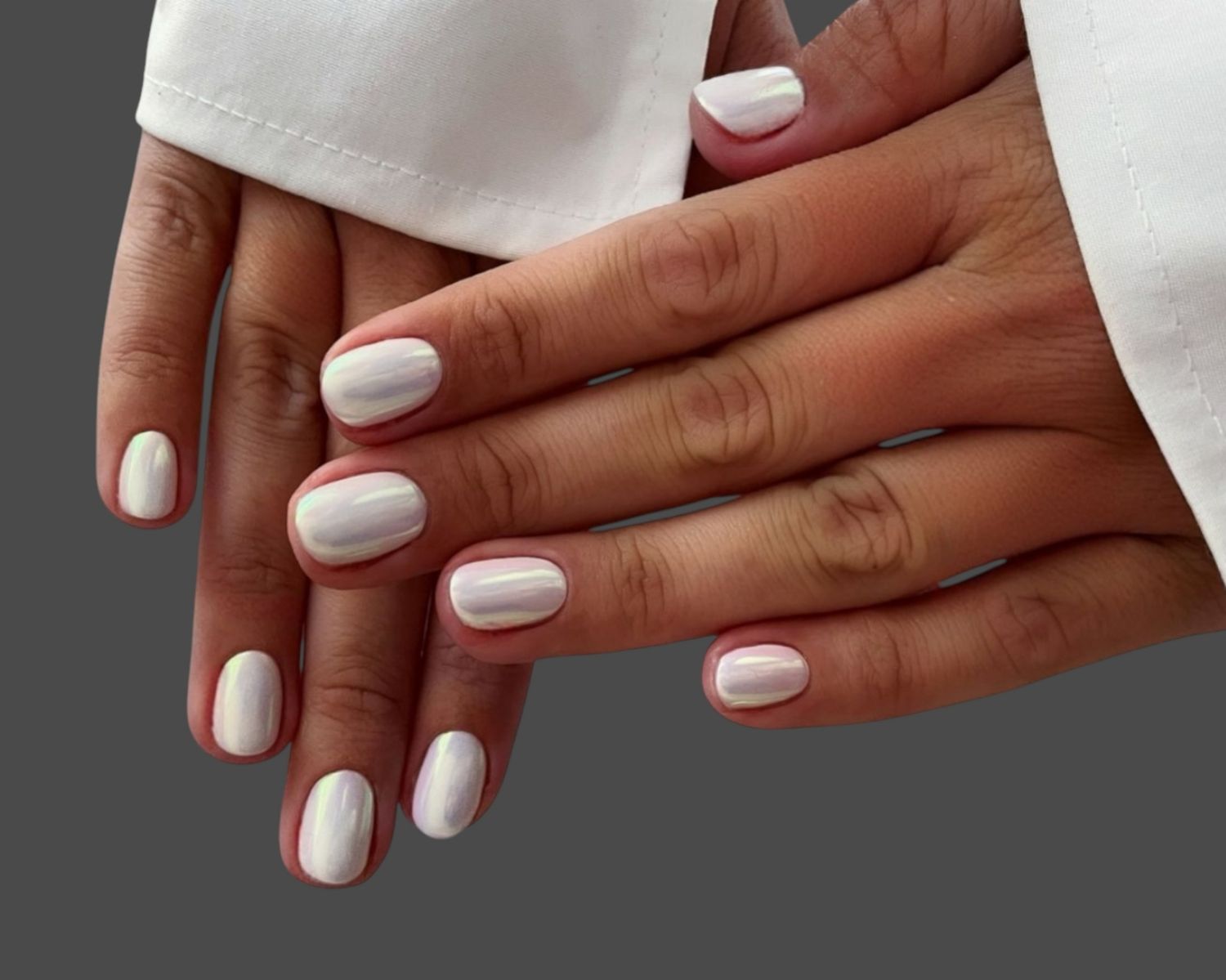 Pearlescent Chrome White Short Oval Nails — Winter Nail Colors for Women Over 70