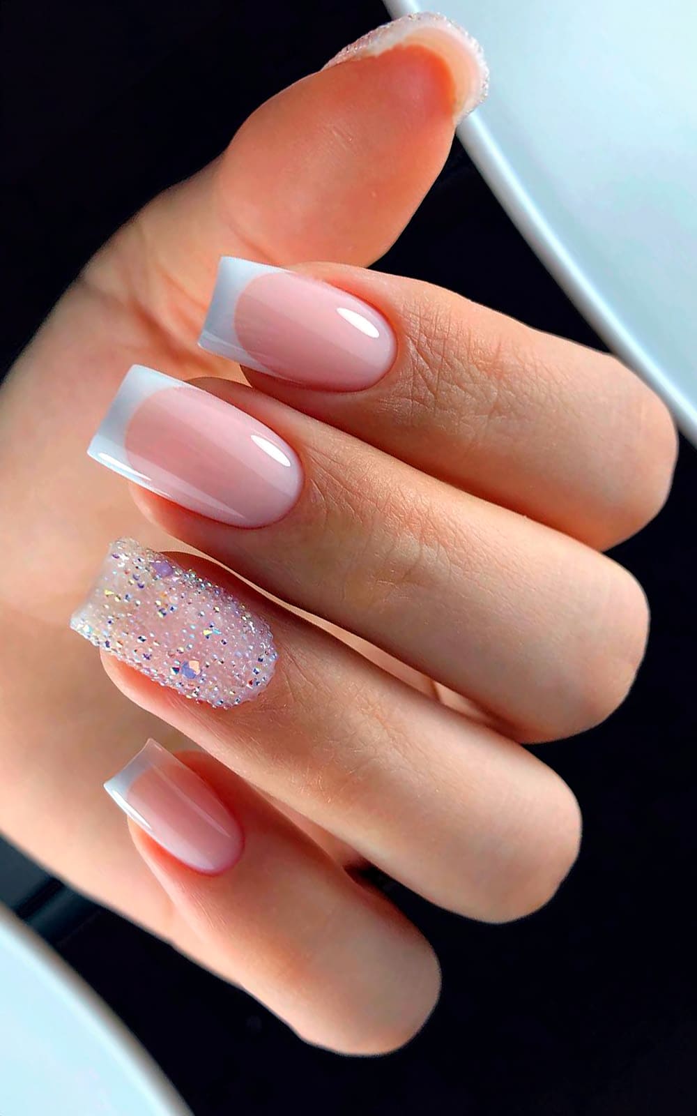 Glitter French Accent Square Nails Glitter French Accent Square Nails — Winter Wedding Nails