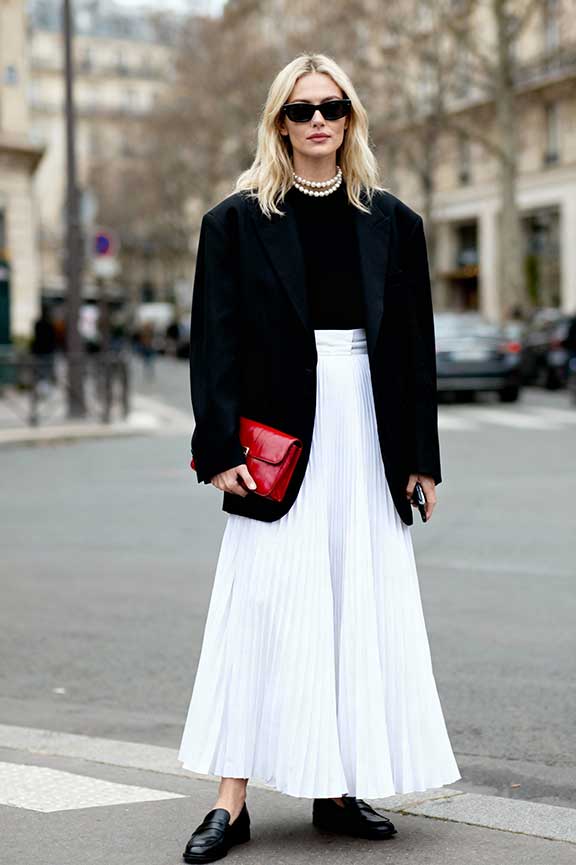 White Pleated Maxi Skirt with Black Blazer and Loafers — Winter Skirt Outfits