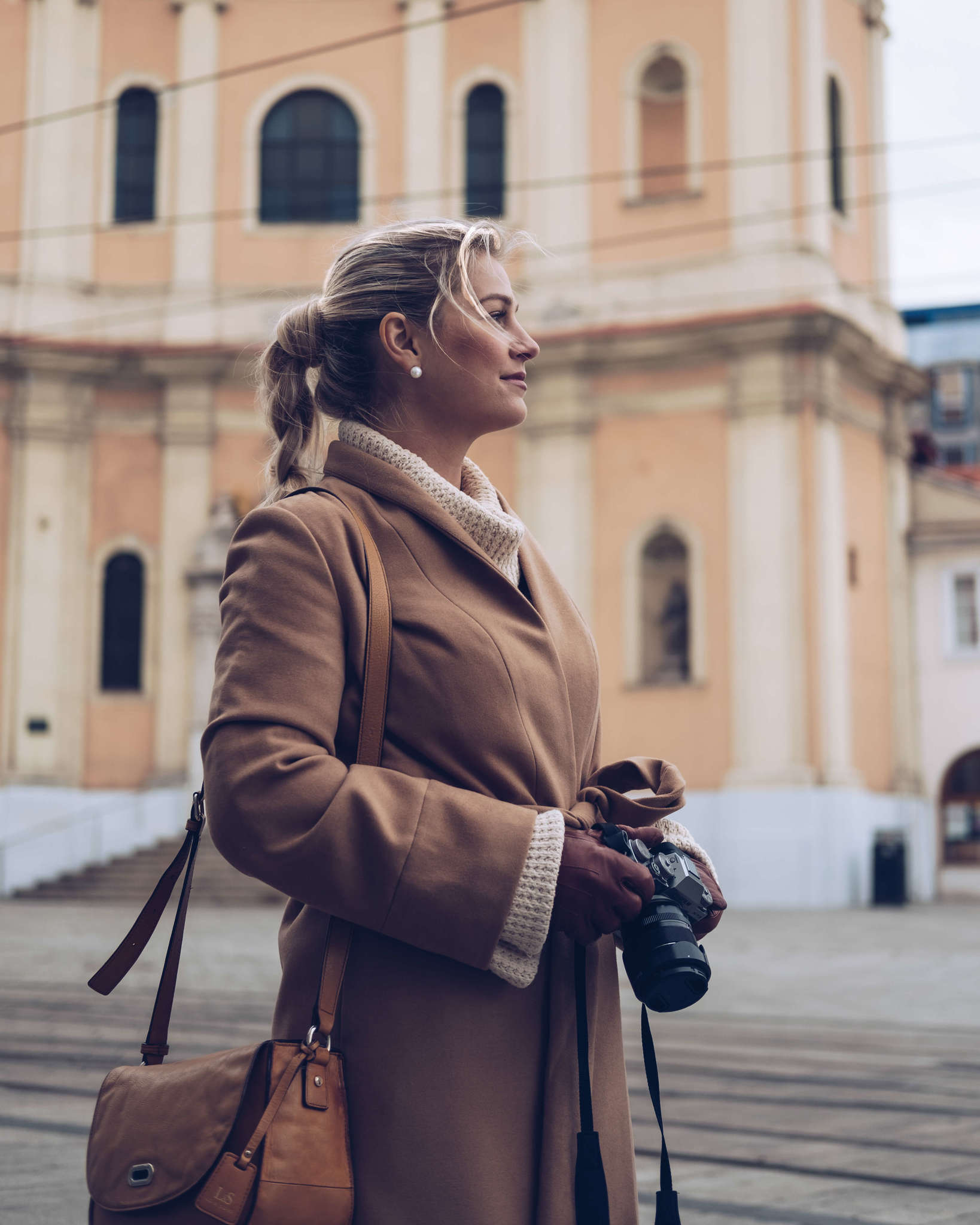 Classic Camel Wool Coat with Cream Knit for European City Exploration — Europe Winter Outfits