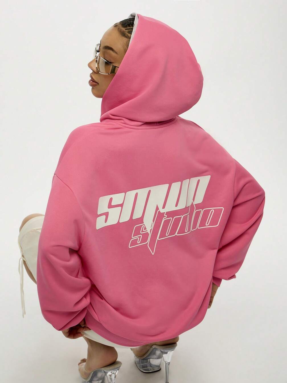 Bright Pink Oversized Hoodie with Clear Heels — Winter Streetwear Outfits
