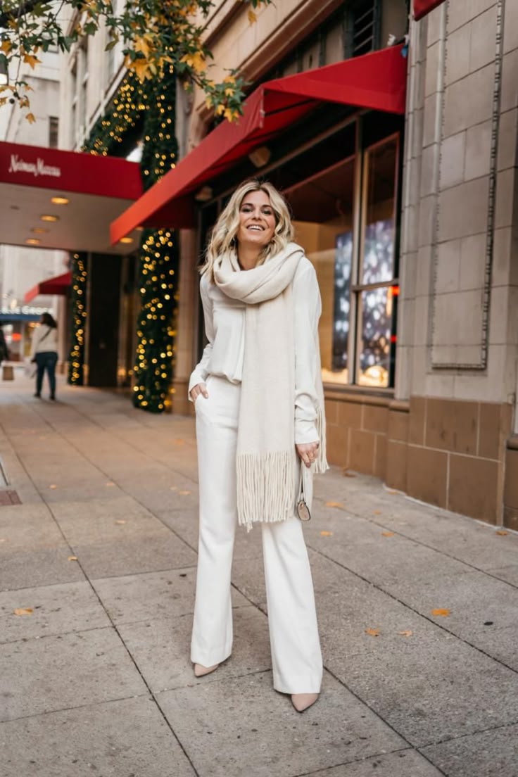 Cream Scarf with White Shirt and Wide-Leg Trousers — Winter White Outfits