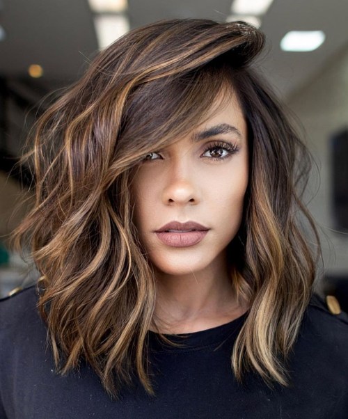 Textured Lob With Golden Brown Highlights Textured Lob With Golden Brown Highlights — Winter Brown Hair Colors