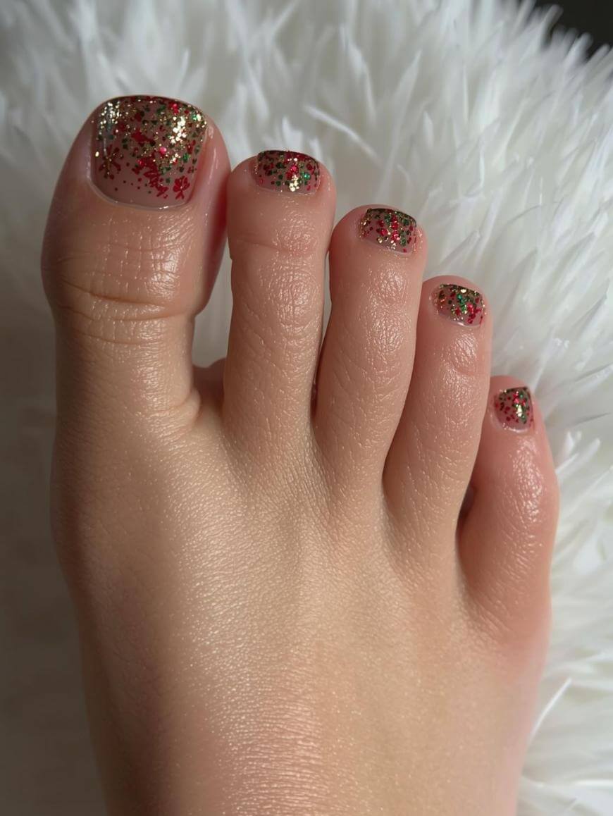 Clear Polish with Festive Glitter Mix — Winter Toe Nails