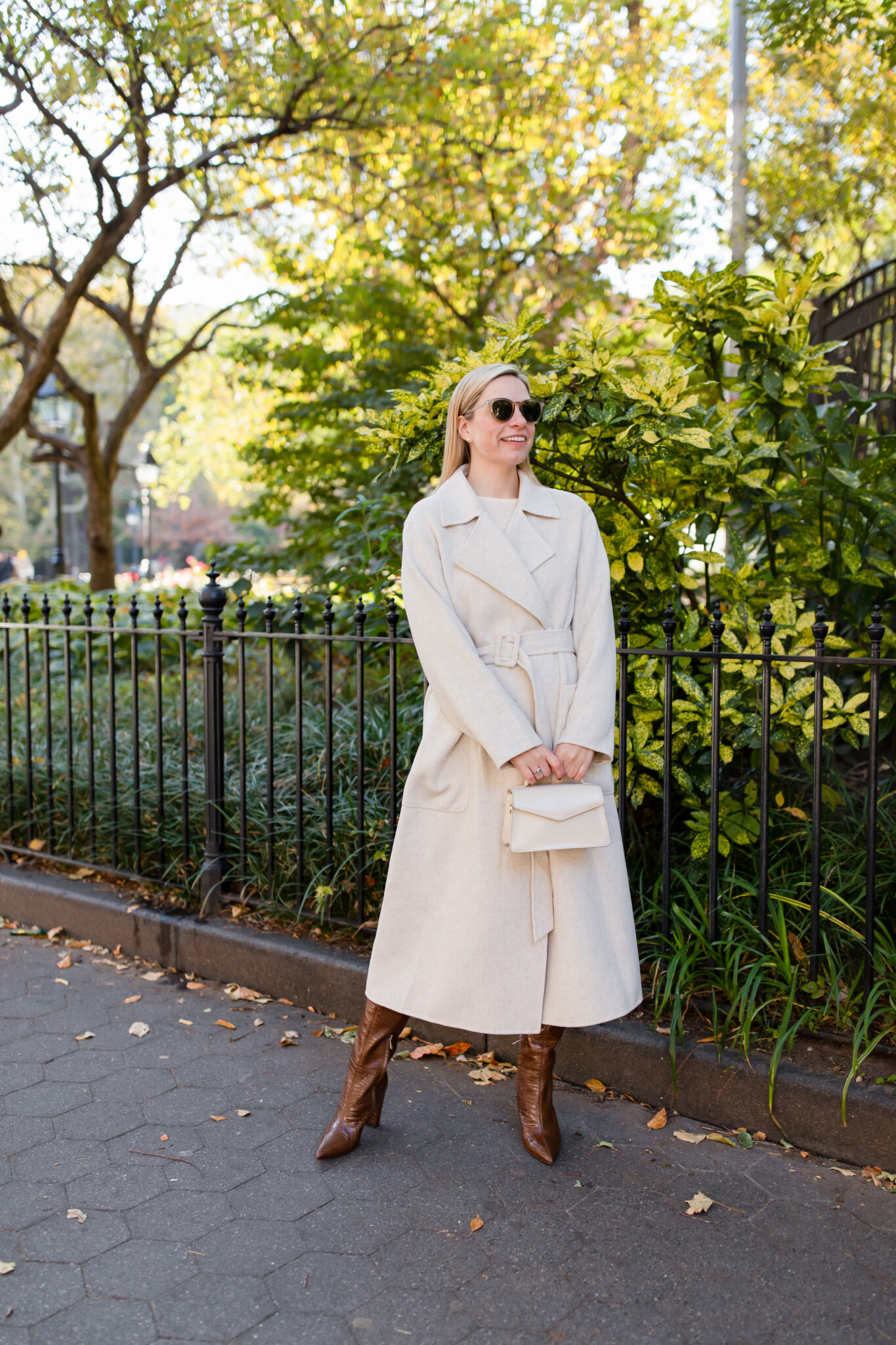 Elegant Cream Belted Wool Coat with Dress and Boots — Wool Coat Outfits