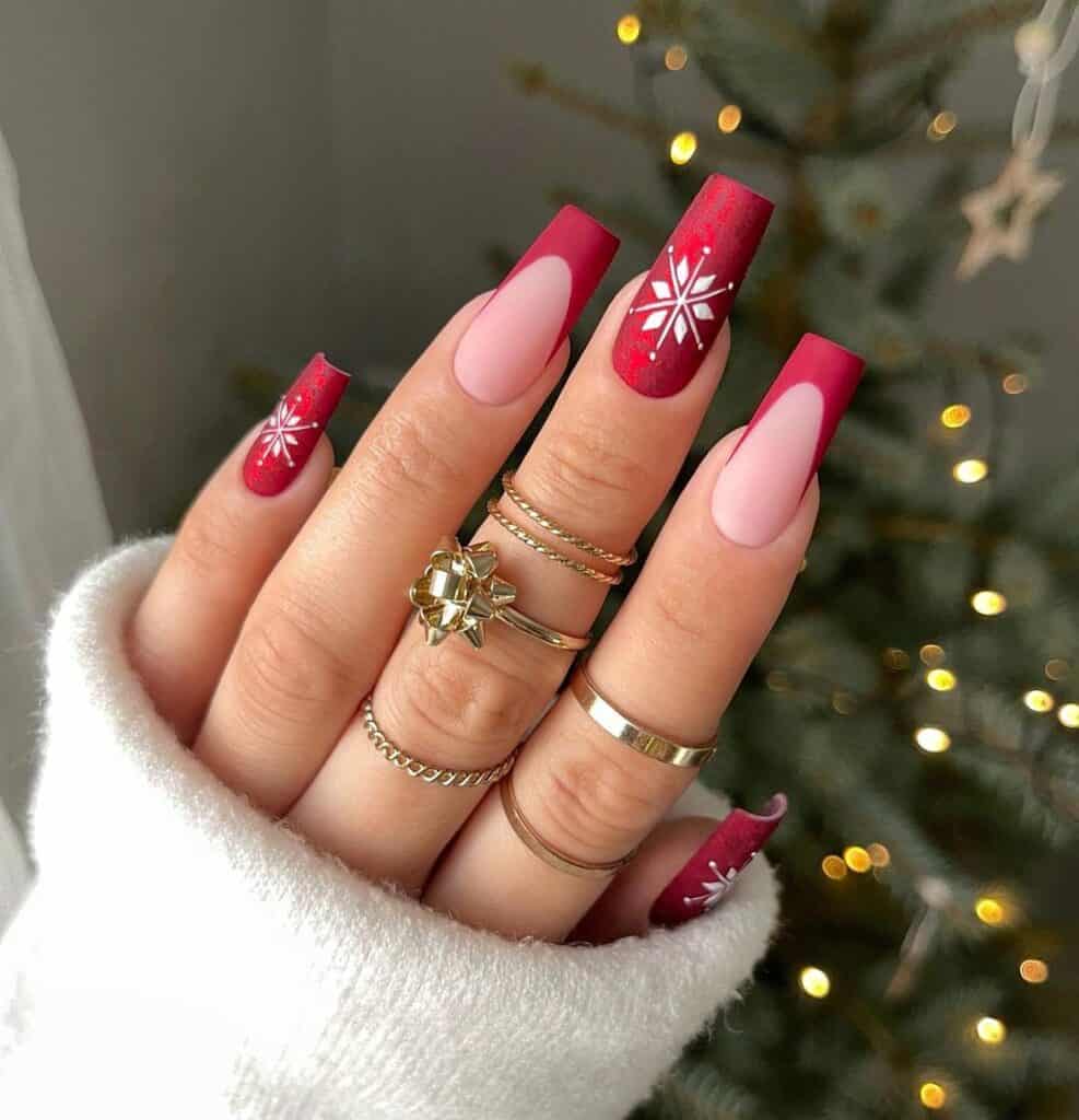 Matte Red Snowflake Coffin French Nails Matte Red Snowflake Coffin French Nails — Snowflake Nails