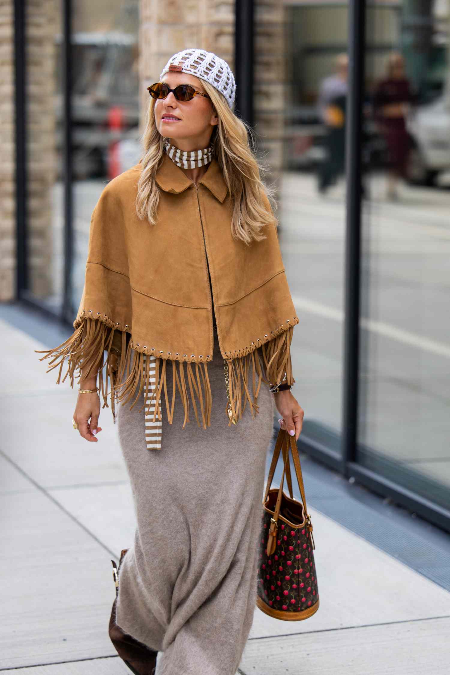 Fringed Suede Cape with Maxi Skirt and Knit Beanie — Boho Winter Outfits