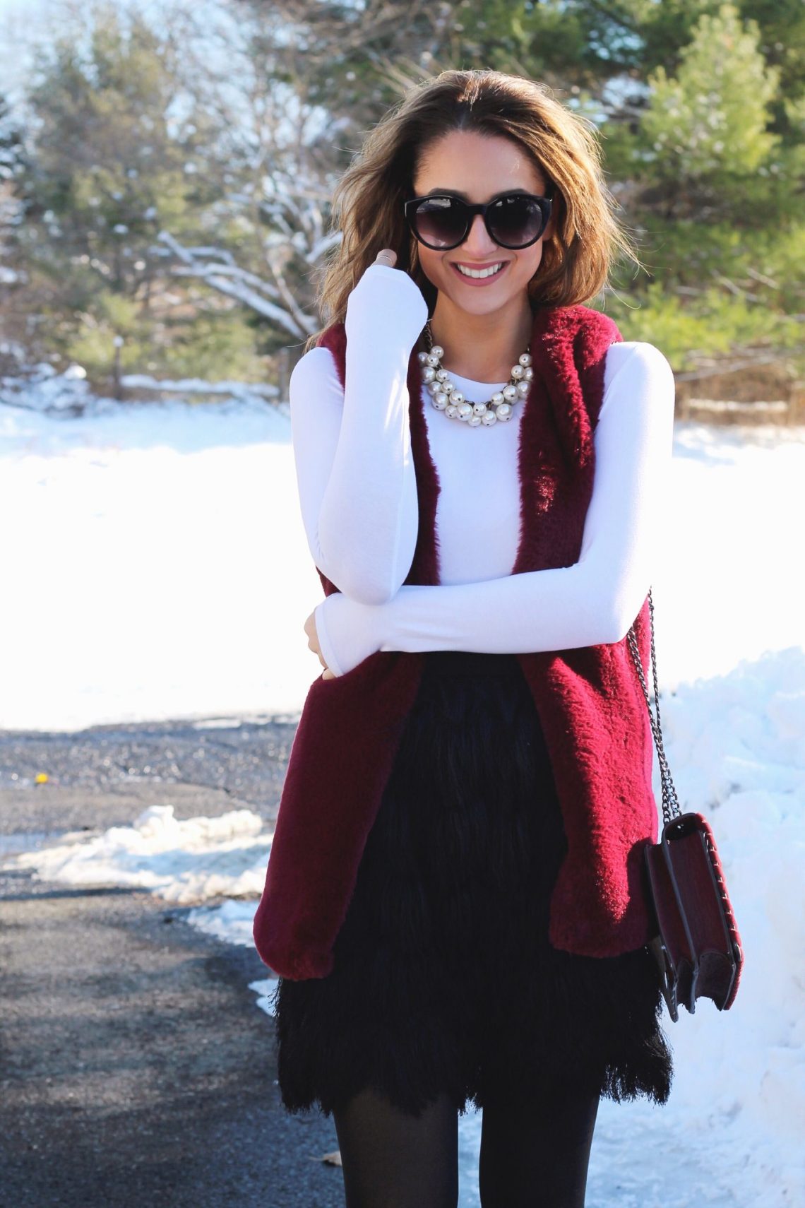 Glamorous Texture: Faux Fur Vest Over Long-Sleeve Top Glamorous Texture: Faux Fur Vest Over Long-Sleeve Top — Winter Layering Outfits