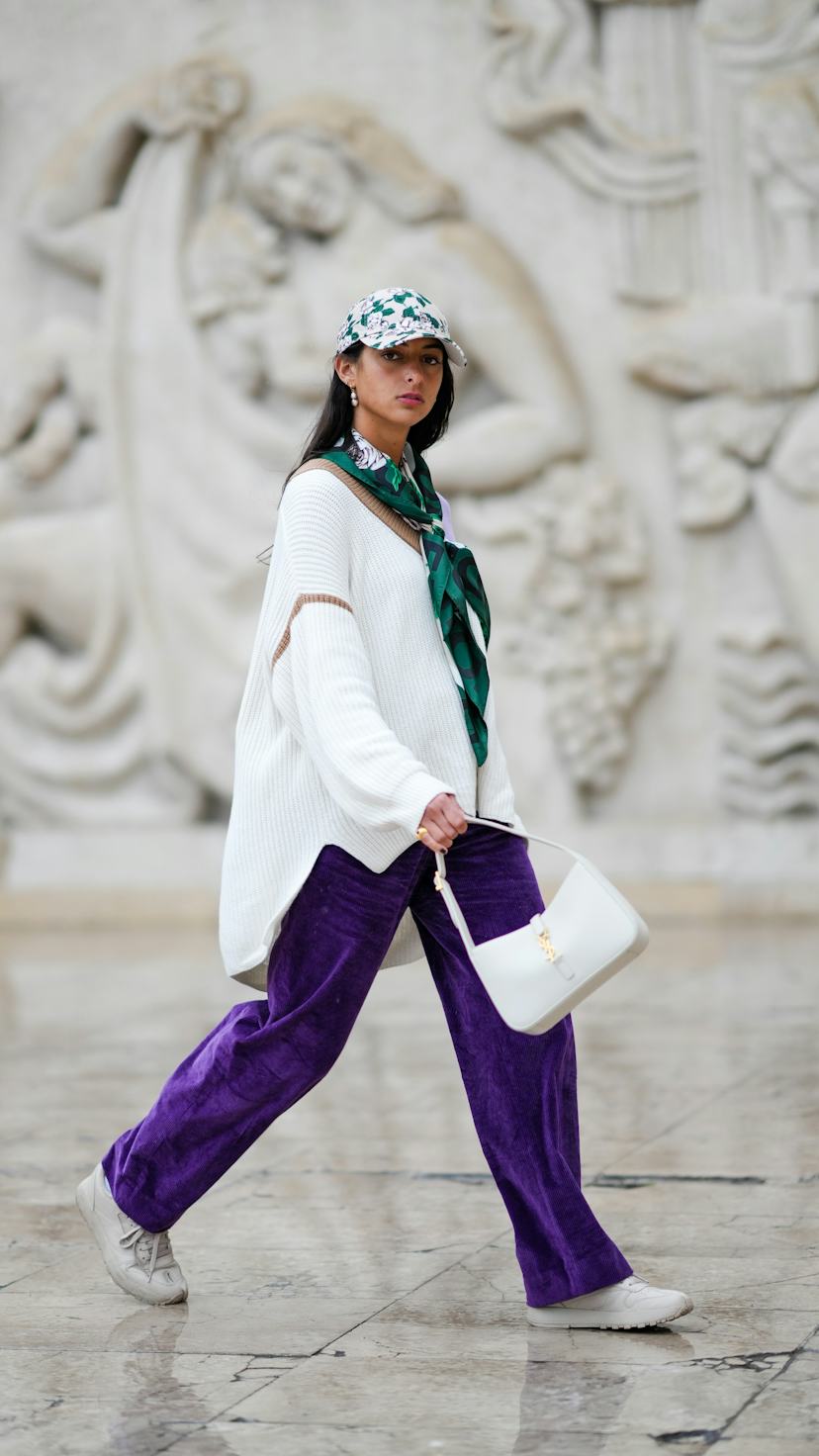 White Oversized V-Neck Sweater with Purple Velvet Pants — Oversized Sweater Outfits