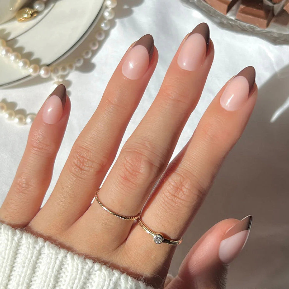 Sheer Nude with Deep Brown French Tips — Mocha Nails