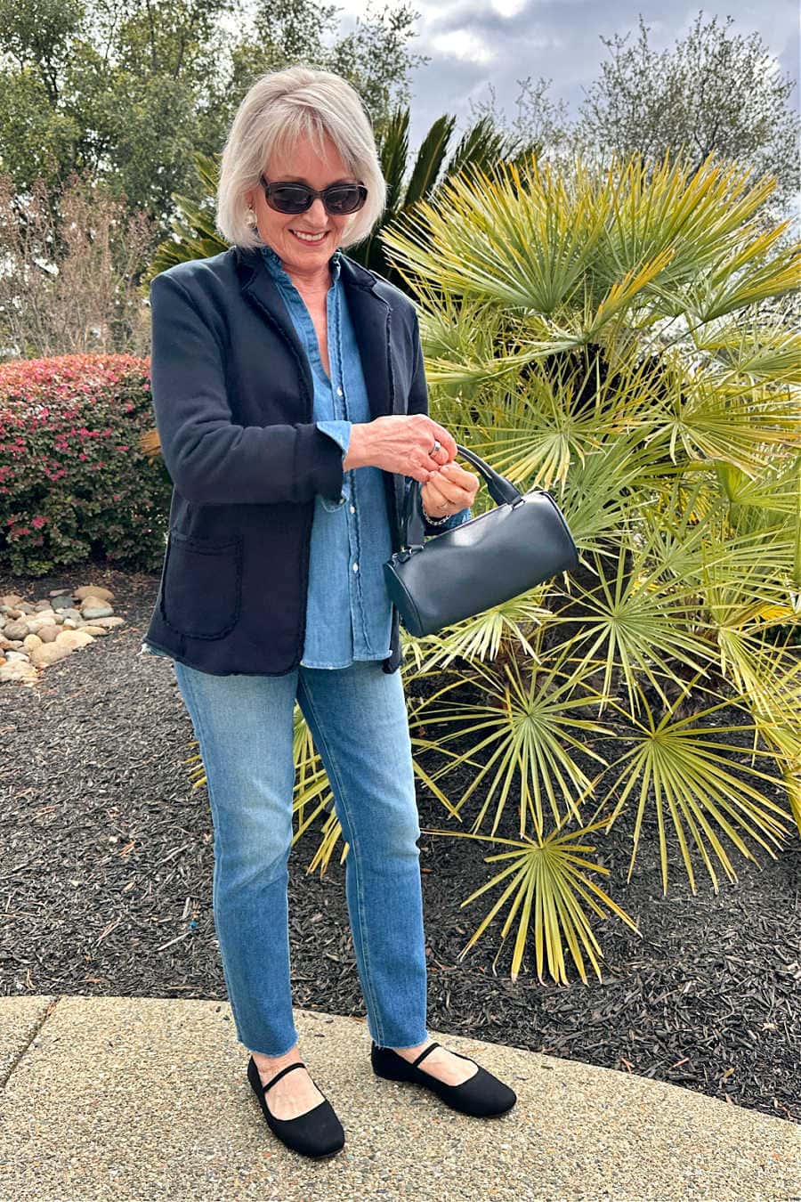 Navy Textured Blazer and Denim Shirt for a Casual Day Out Navy Textured Blazer and Denim Shirt for a Casual Day Out — Winter Outfits for Women Over 60
