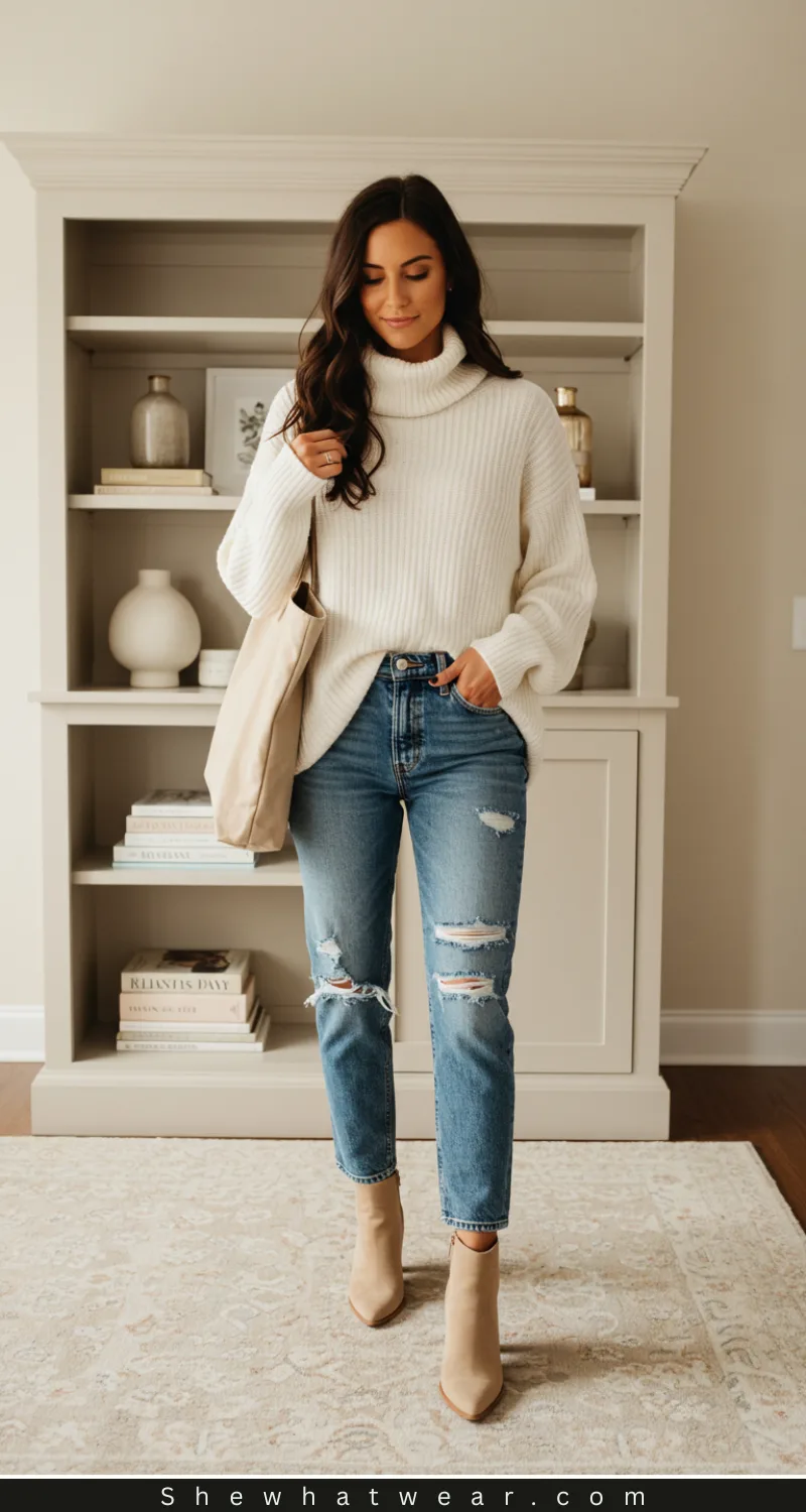 Oversized White Turtleneck with Ripped Straight-Leg Jeans — Turtleneck Outfits