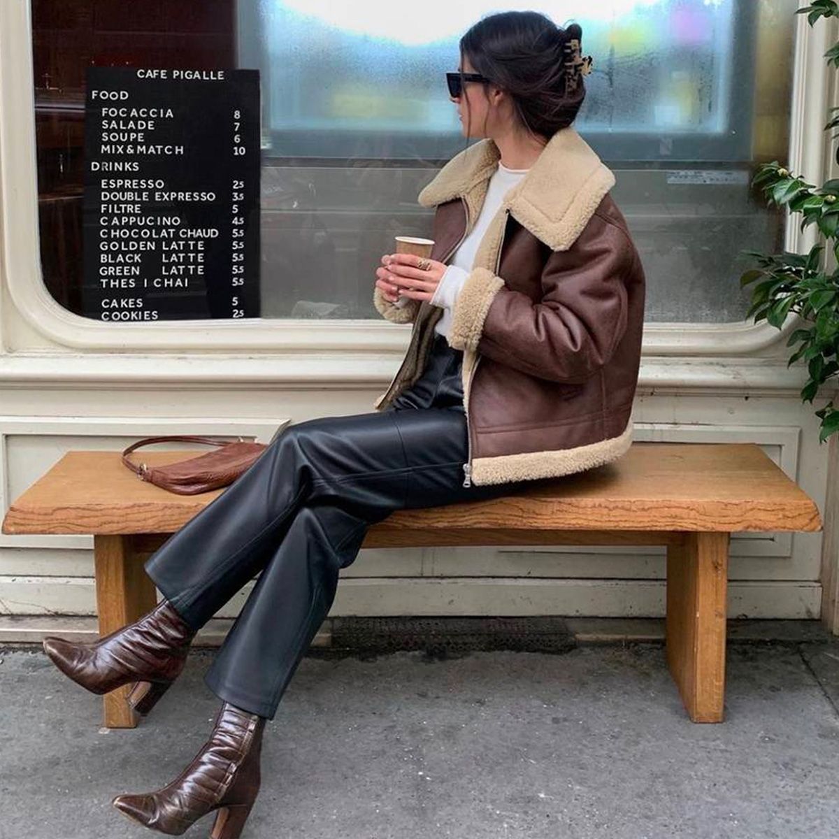 Shearling-Lined Faux Leather Jacket with Wide-Leg Pants — Paris Winter Outfits