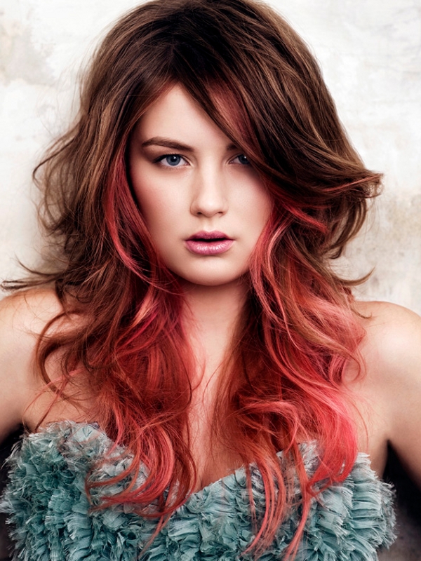 Brown with Red Pink Face-Framing Bangs Brown with Red Pink Face-Framing Bangs — Winter Ombre Hair